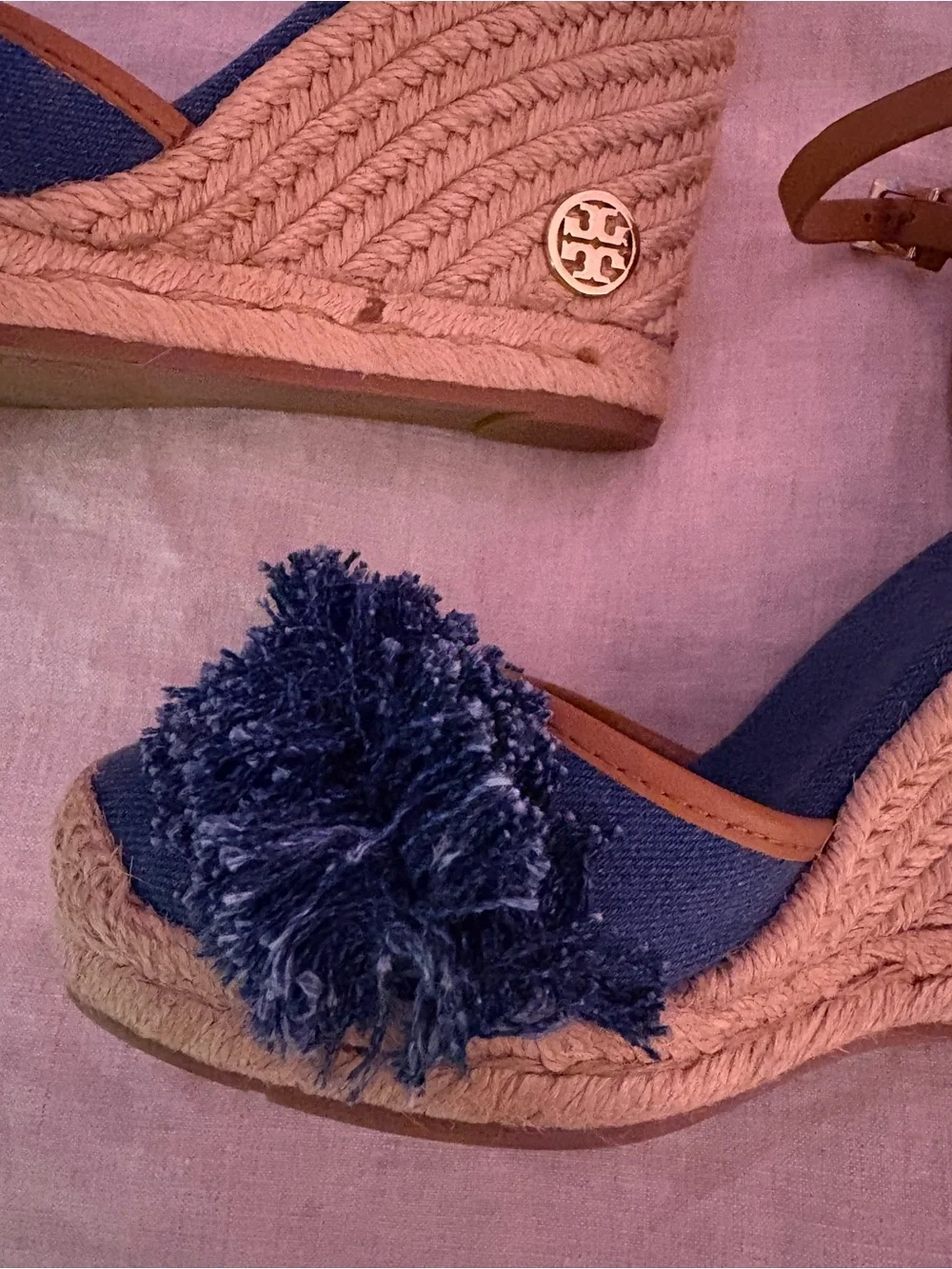 Tory Burch Navy Denim Espadrille Wedge Sandals with Pom Detail